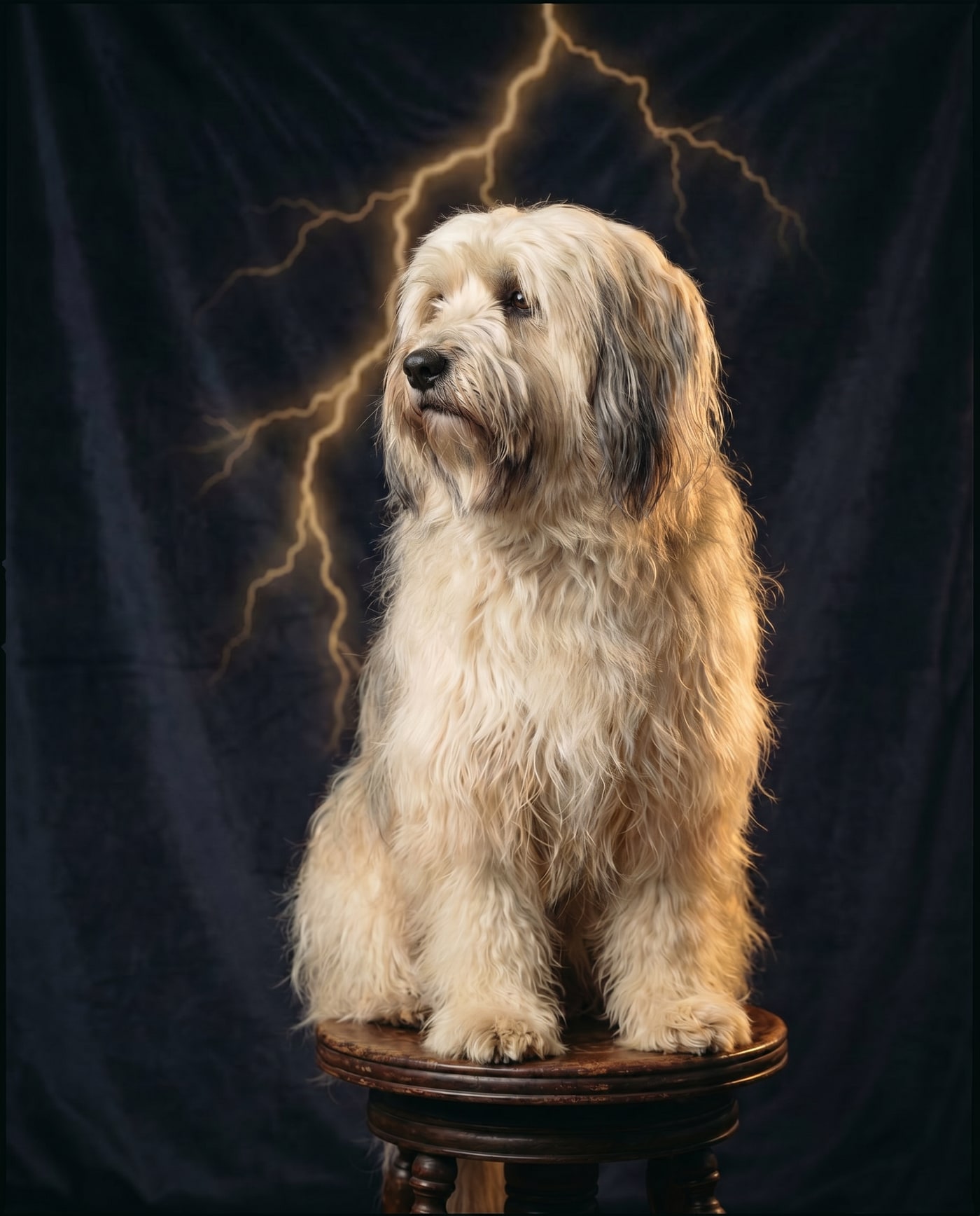 A dignified Tibetan Terrier before a bolt of lightning